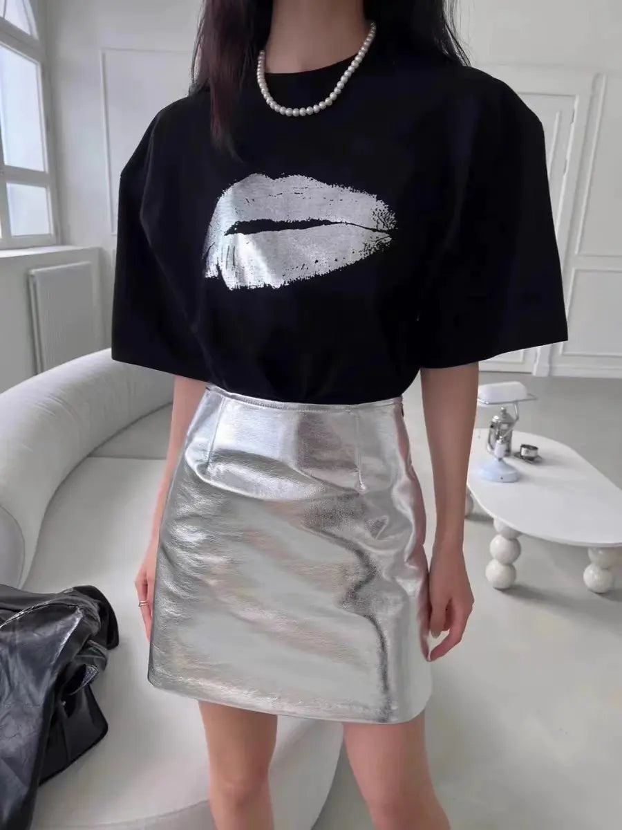 Camiseta Casual de Manga Corta con Gráfico de Labios Divertidos