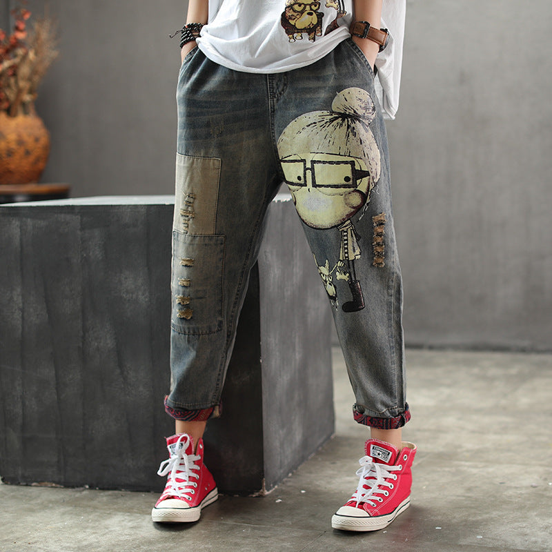 Women's Cropped Harem Pants with Lace and Elastic Waist