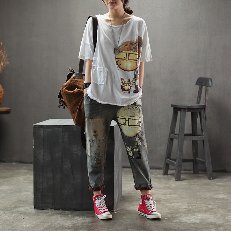 Women's Cropped Harem Pants with Lace and Elastic Waist
