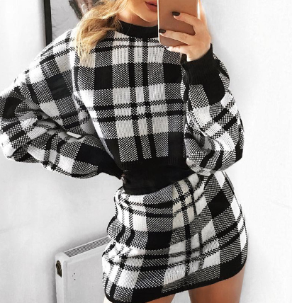 Conjunto de Suéter a Cuadros y Falda Bodycon