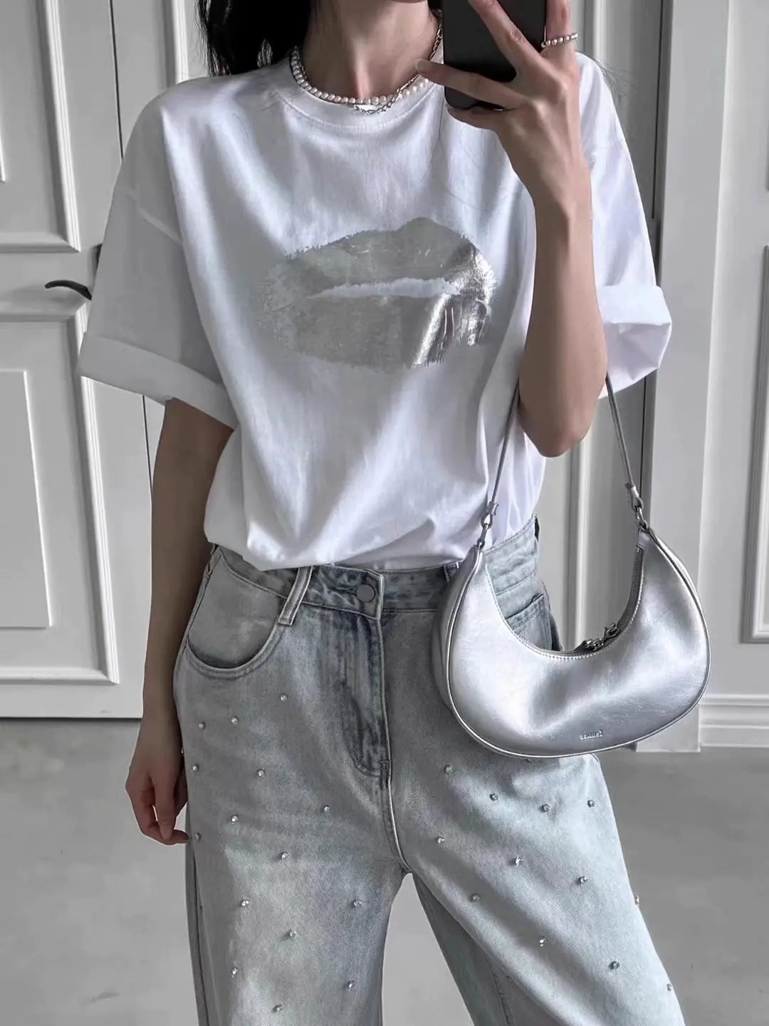 Camiseta Casual de Manga Corta con Gráfico de Labios Divertidos