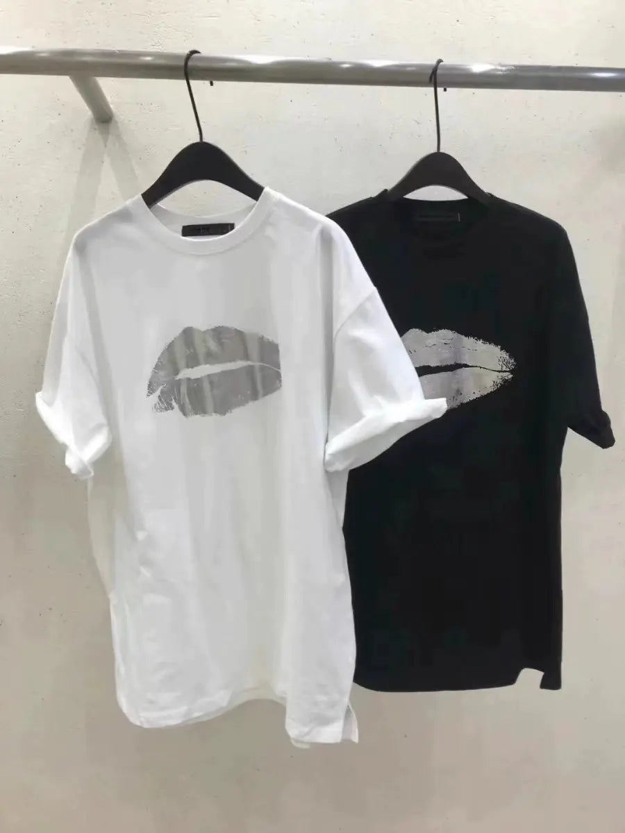 Camiseta Casual de Manga Corta con Gráfico de Labios Divertidos