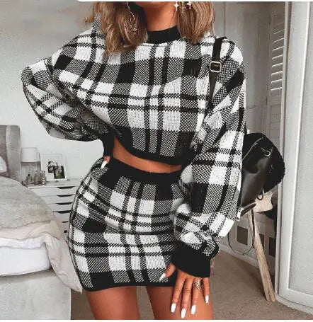 Conjunto de Suéter a Cuadros y Falda Bodycon