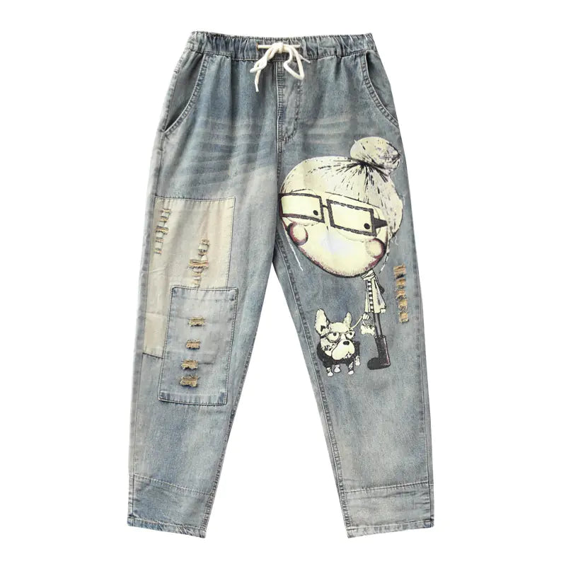 Women's Cropped Harem Pants with Lace and Elastic Waist